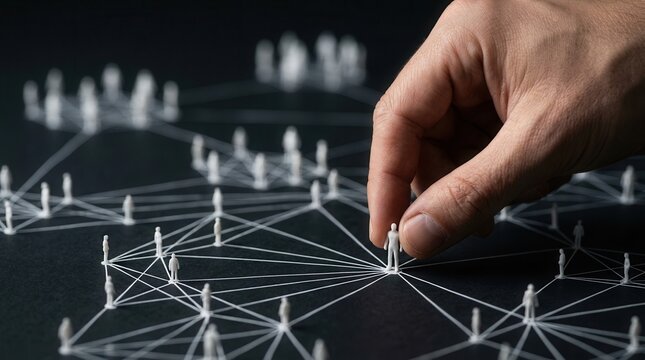 Human hand connecting a miniature person within a network for stakeholder mapping.