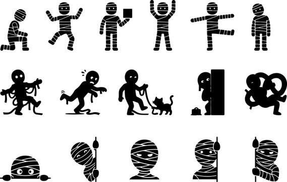 Set of mummy silhouette icons showing various poses and halloween spooky activities with creepy character