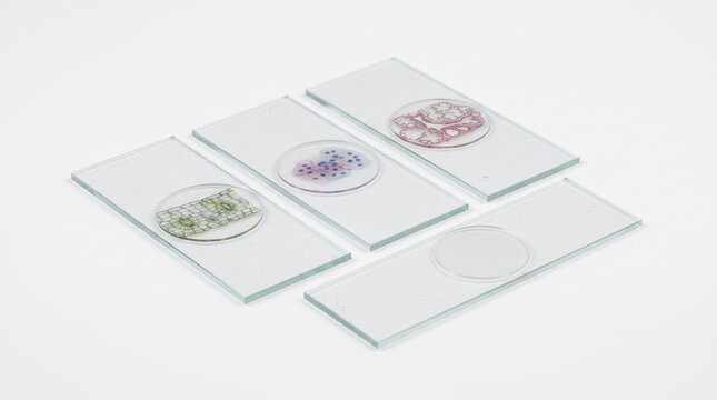 Laboratory microscope glass slides with tissue samples for medical research and histology analysis