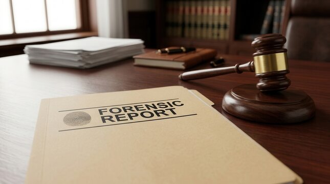 A wooden gavel and forensic report file on a desk during litigation case preparation.