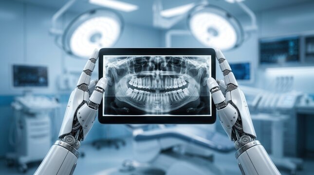 Advanced dental x-ray teeth tomography being reviewed by an artificial intelligence robot.
