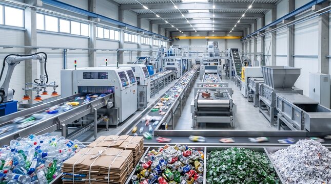 Modern industrial plastic recycling plant with conveyor belts and sorting machines for processing plastic waste products