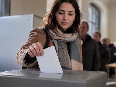 Junge W&auml;hlerin gibt ihren Stimmzettel an einer grauen Wahlurne ab. Die Nahaufnahme im Wahllokal symbolisiert freie Entscheidung, Wahlrecht und demokratische Beteiligung in Deutschland.