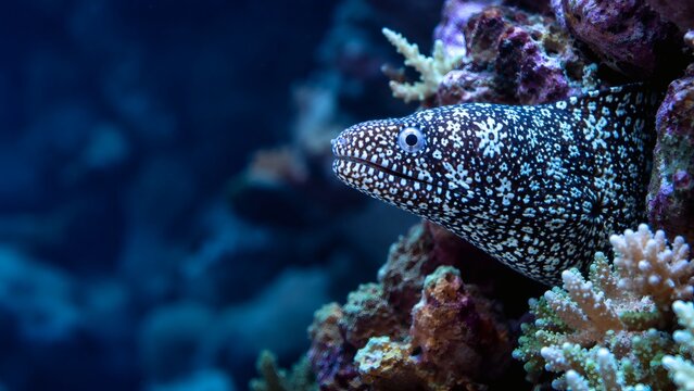 Spotted moray eel peering from coral reef