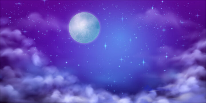 Night sky with full moon, glowing constellations and fluffy clouds. Nature, glowing lunar planet in mysterious realistic style. Vector Halloween, adventure and magical themes. Artwork and game design