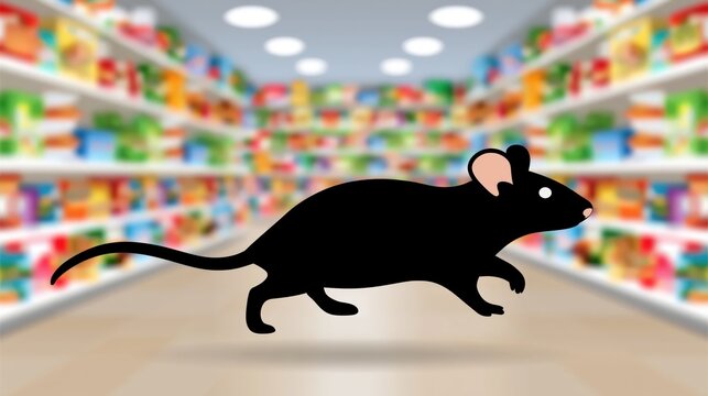 Small black rodent scurries along the aisle of a brightly lit store.