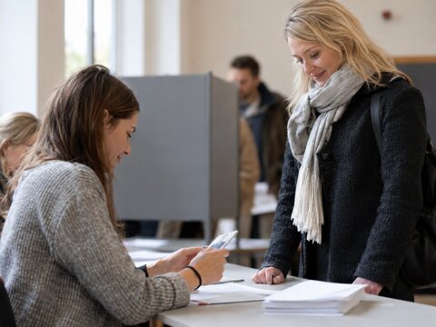 Wahlhelferin kontrolliert den Ausweis einer W&auml;hlerin am Anmeldungstisch im Wahllokal. Die Szene zeigt Identit&auml;tspr&uuml;fung, Wahlorganisation und geregelte Stimmabgabe in Deutschland.