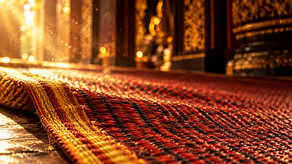 Fototapeta premium Traditional Woven Thai Mat Illuminated by Sunlight Inside a Buddhist Temple