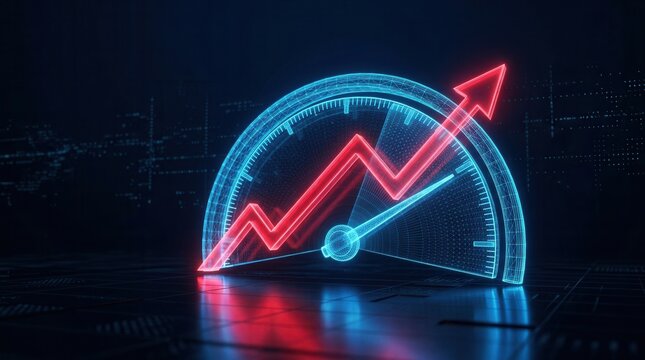 Red rising trend graph on a digital speedometer gauge representing performance and technology.