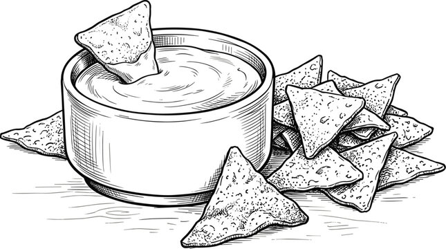 Crispy corn tortilla chips with bowl of cheese dip hand drawn sketch vintage vector illustration