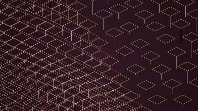 Golden isometric wireframe grid patterns flowing across a dark purple surface representing modern connectivity and data
