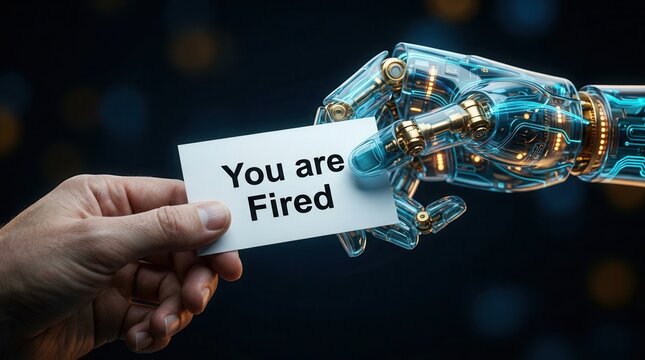 The impact of automation on employment shown as a robotic hand gives a You are Fired card to a person.