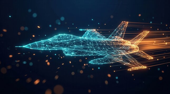 Futuristic warfare concept featuring a digital network jet fighter in abstract design.
