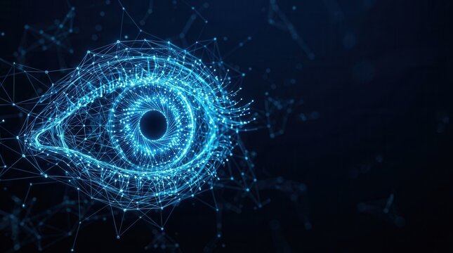 Intricate network of glowing data points and lines forming a digital eye in deep space.