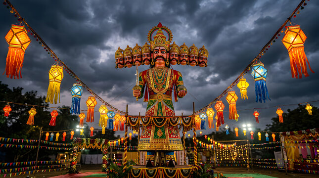 Ravana effigy for Dussehra festival celebration at night.