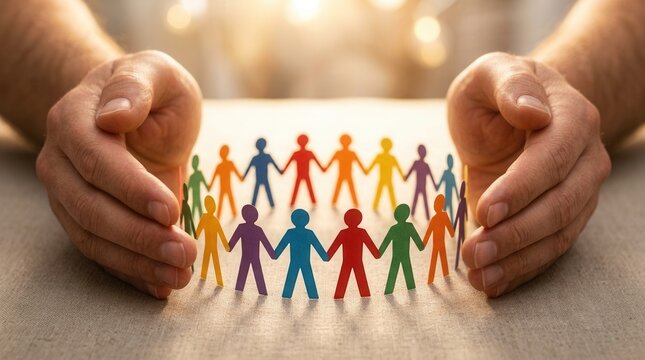 Community support and team unity depicted by hands guarding a ring of multicolored paper figures.