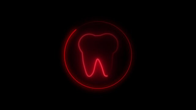 Glowing Red Neon Tooth Icon with Circular Line Frame Motion Graphic on Black Background for Dental Care Clinic, Tooth Protection Concept, Stomatology Symbol, Video Overlay, and Motion Asset.