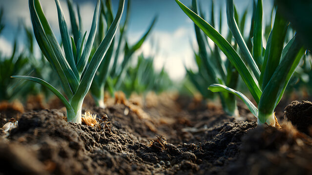 Close up view of green onion plantation growing in rich soil