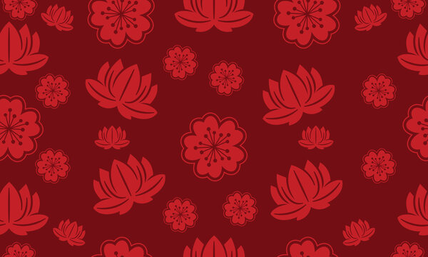 Chinese New Year seamless pattern with dark red plum blossom and lotus flowers on maroon background. Asian lunar new year floral illustration.