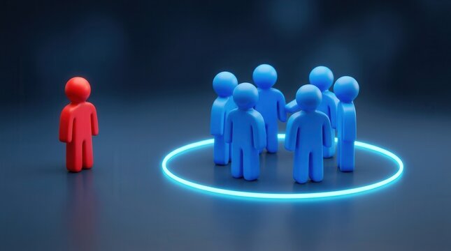 Social exclusion and workplace isolation depicted by a single red figure apart from a blue corporate group.