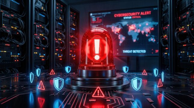 Global cybersecurity threat detection showing a red alarm beacon and system vulnerabilities.