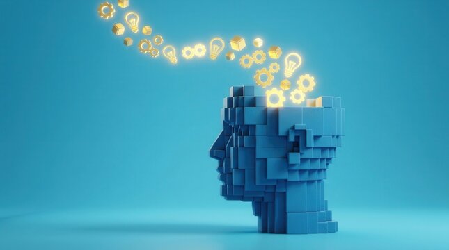 Artificial intelligence and creativity concept featuring a digital head made of blocks and glowing yellow icons.