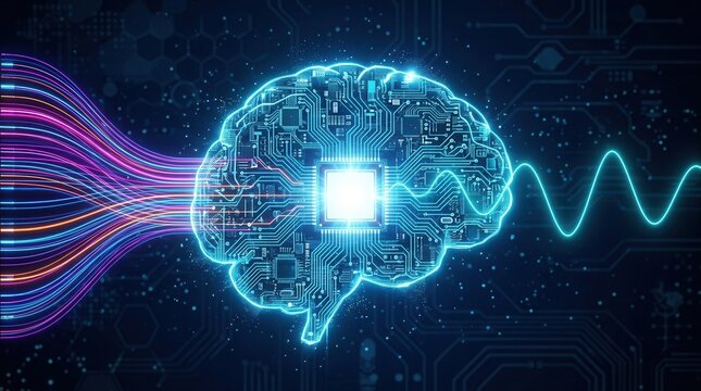 Digital artificial intelligence processing featuring a circuit brain and complex data streams becoming a single output wave.