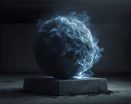 Start with what you have mindset glowing sphere made of stone surrounded by wisps of blue energy resting on concrete pedestal in dark room