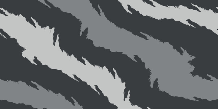 Seamless tiger stripe camouflage pattern in shades of dark grey, slate, and light blue, abstract military texture background
