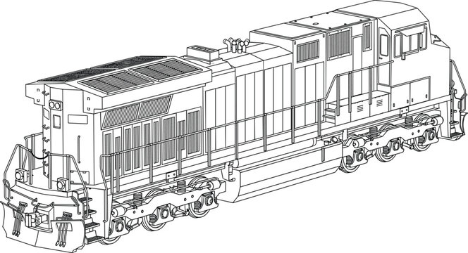 Diesel Electric Freight Locomotive Line Art Vector Illustration of Industrial Cargo Train Engine