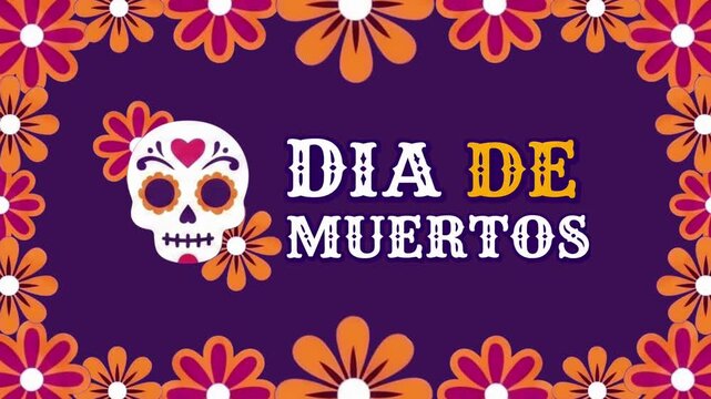 Skull with a floral frame. D&iacute;a de Muertos skull. Day of the Dead, 4K video art illustration.