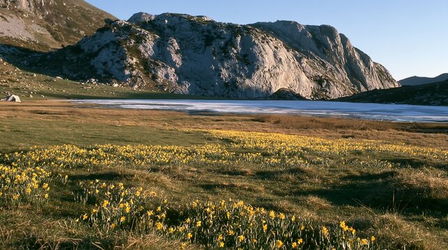 Frozen tarn meadow with flowers and mountains