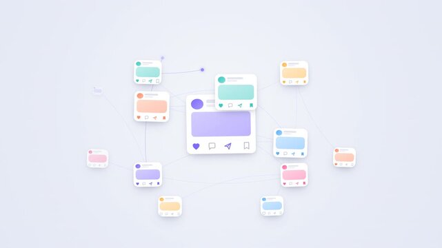 A seamless looping motion graphic visualizing a single social media post spreading through a network of users like a ripple, growing from one card to a widening web of shares before resetting. Realist