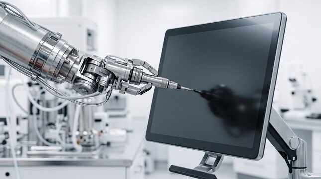 Robotic arm with a drill bit working on a computer monitor screen