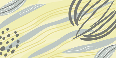 Obraz premium Abstract organic background with flowing lines, leaves, and dots in soft pastel yellow and green tones