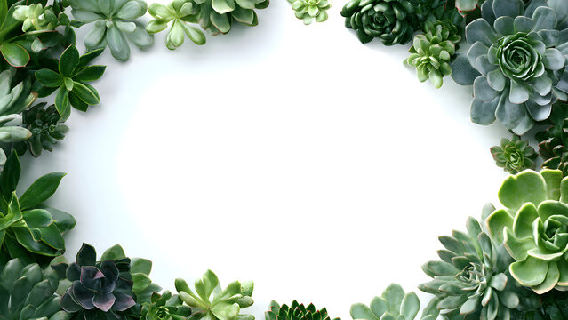 Lush green succulent plants elegantly frame a pristine white background, perfect for natural designs and botanical themes