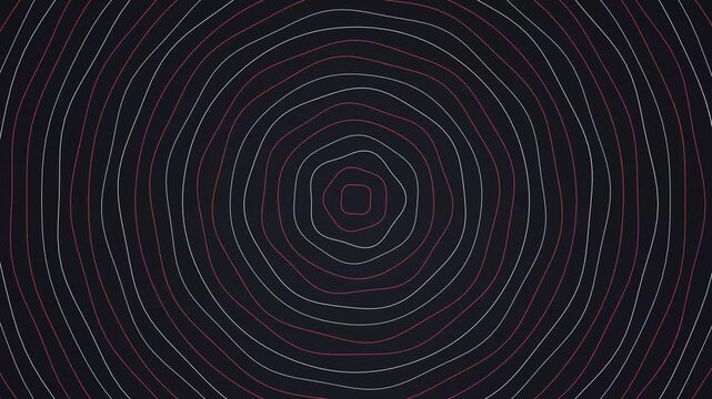 Many thin glowing neon rings expanding in perfect synchronization from the center of the dark frame