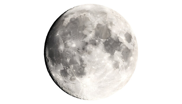 Full moon isolated on white background, detailed lunar surface planet sphere graphic.