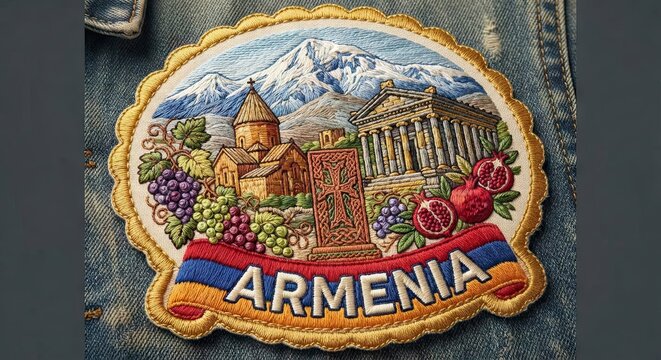 Embroidered patch showing Armenian landmarks and symbols