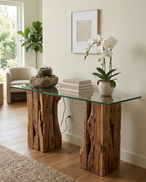 Sustainable Console Table Made from Reclaimed Wood with Glass Top.