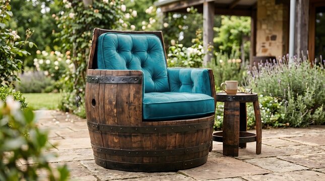 Rustic luxury armchair repurposed from an oak wine barrel with blue cushion
