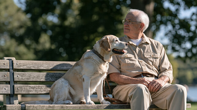 A support dog sitting calmly beside an elderly trembling man on a park bench, animal assisted therapy for Parkinson patients, emotional support animal, neurological wellness,