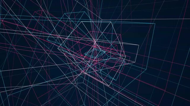 Neon intersecting light lines form dynamic geometric structures on a dark navy blue space environment