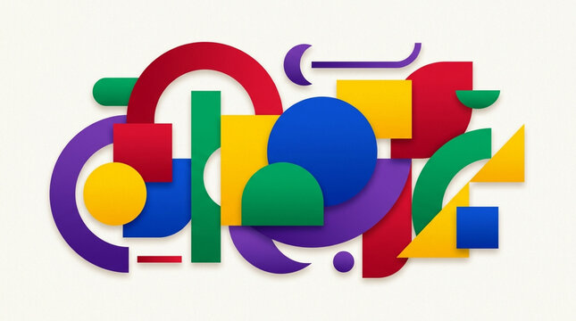 Modern abstract composition featuring colorful geometric shapes including circles, squares, rectangles, arcs, curves, and triangles in red, blue, green, yellow, and purple. Clean white background with