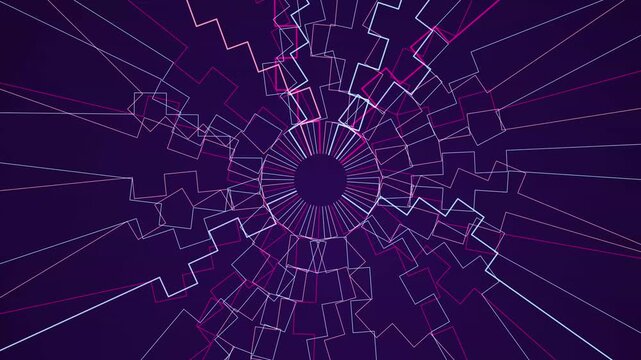 Neon light beams radiating from a central point forming geometric patterns in deep purple space