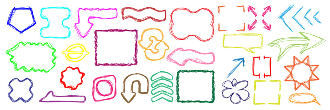 Various colorful hand-drawn shapes and arrows fill the space on a white background. The shapes include circles, squares, and other forms. They can be used for design projects or crafts.