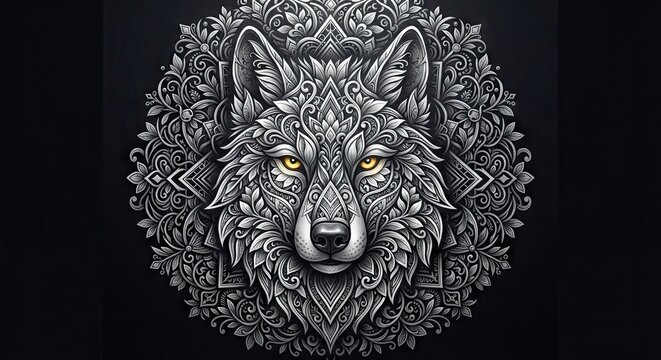 Intricate wolf mandala with glowing yellow eyes