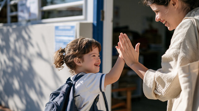Brazilian child with Down syndrome in school uniform high fiving teacher at classroom doorway arrival routine, morning school greeting, inclusive education policy, disability