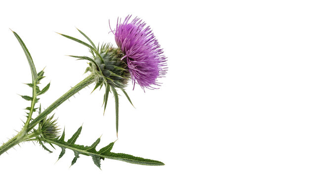 Single wild purple milk thistle flower stem close up isolated on transparent background