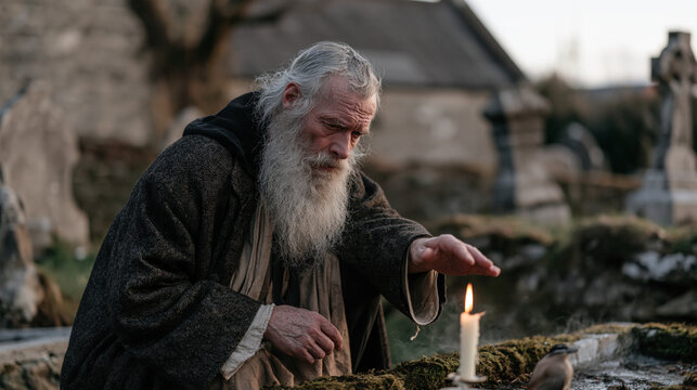 Irish widower with a silver beard crouching beside a mossy grave in a rural churchyard at twilight, shielding a taper candle from the wind with his weathered palm, mist rising